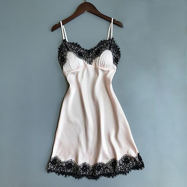 

women sleeveless strap lace trim satin night dress sleepwear nightwear camis sets nightgown nightdress #10, Black;red