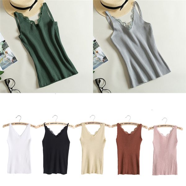 

ladies tank quality good camis women plain camisole lace splicing double v neck vest slim sling tank woman clothes, White