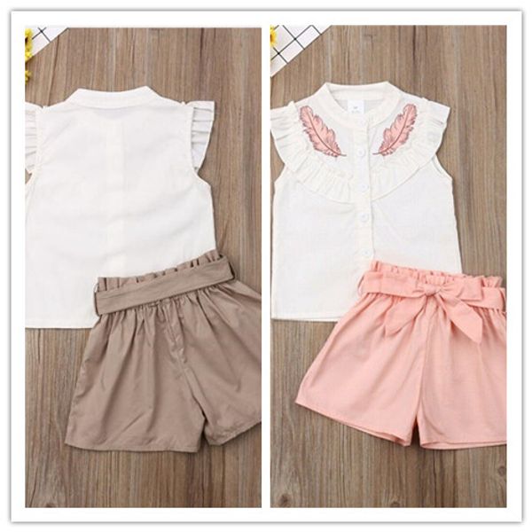 

2020 baby girls clothing set ruffled blouse t-shirt + bowknot shorts outfits girls pink leaf tshirts cute summer tracksuits e3301, White