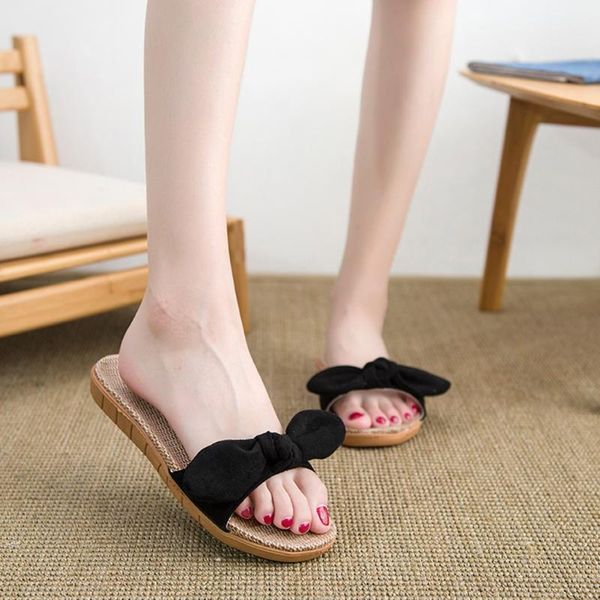 

обувь женщина 2020 женщины женские летние бантом льняные льняные шлепанцы пляжная обувь сандалии тапочки мода повседневная женская обувь#4, Black