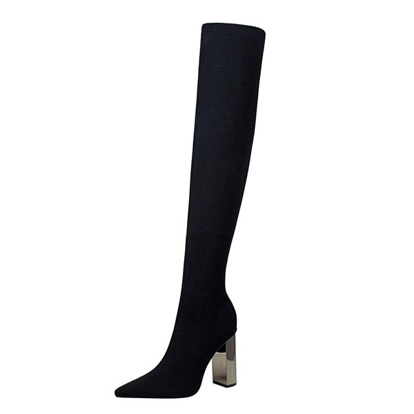 

ltarta 2020 woman long boots knee high boots square metal heel high heeled pointy elasticity thin wool boots. ds-3128-1 mx190805, Black
