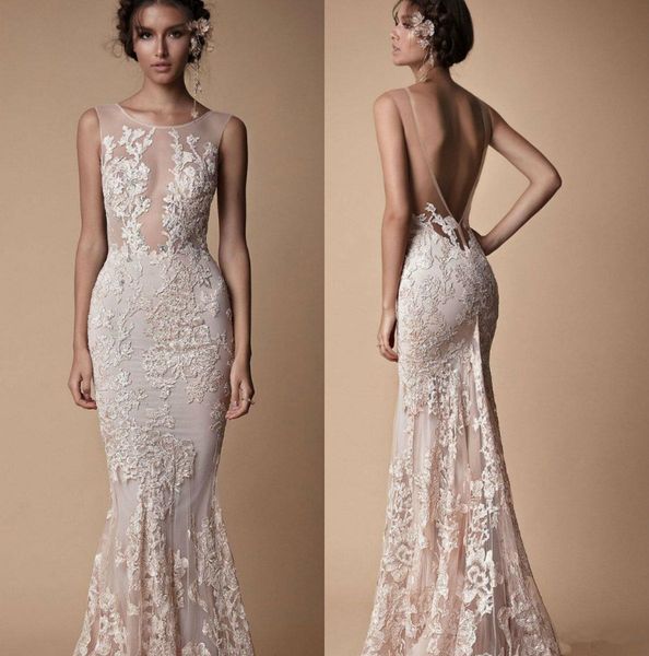 

2019 новые berta русалка свадебные платья sheer scoop шея кружева свадебные платья с бисером развертки поезд backless illusion пляж свадебно, White