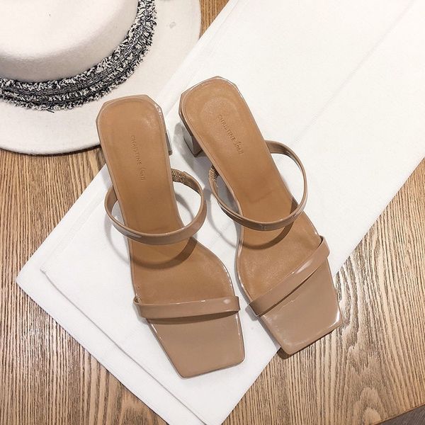 

summer slippers med heels party mules shoes ladies 2020 new women slides fashion shoes female concise pu ladies slippers c18, Black