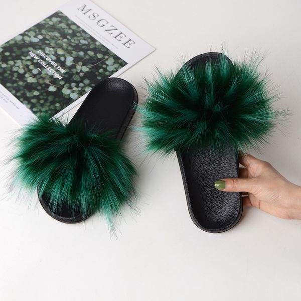 

fashion fur slippers summer furry slippers female faux fur slides home plush flat flip flops casual shoes ladies shoes, Black