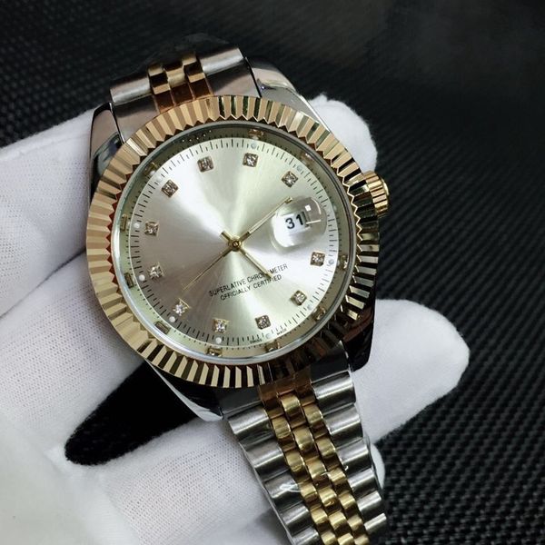 

36/40 мм аналоговый авто день кварц из нержавеющей стали роскошный золотой горный хрусталь мужские часы мужские платья дизайнерские часы дро, Slivery;brown