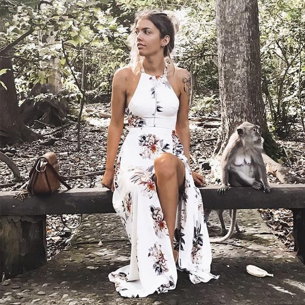 

elegant fashionable print women dress asymmetrical ankle-length summer women dresses backless long vestidos, Black;gray