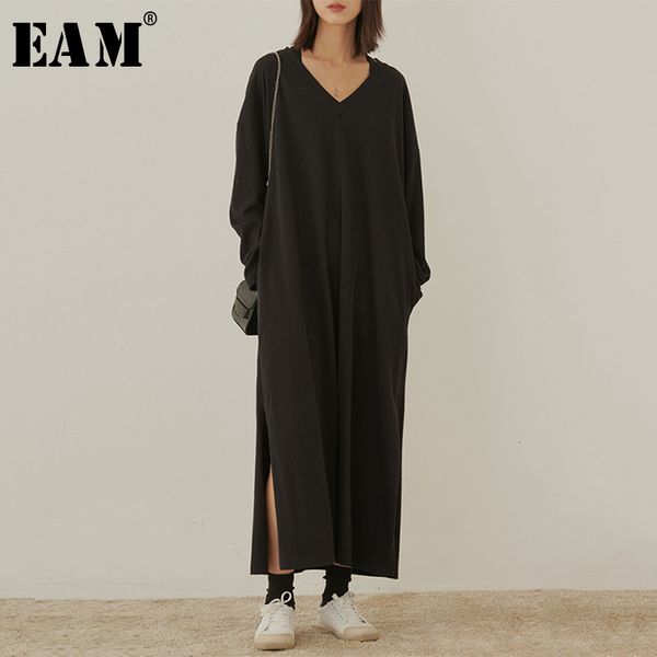 

eam] women black brief side vent long t-shirt dress new v-neck long sleeve loose fit fashion tide spring autumn 2020 1m768, Black;gray