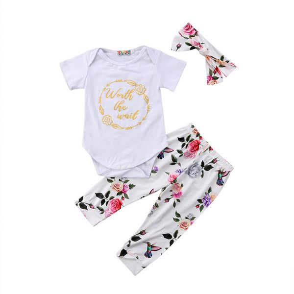 

cute baby worth the wait clothes set newborn baby girl romper pants headband bodysuit sunsuit outfits set clothes, Pink;blue