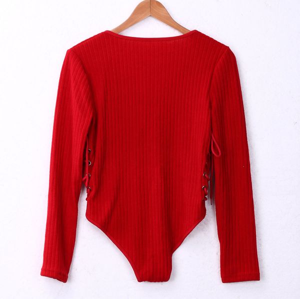 

новая клубная одежда зашнуровать бандаж сплошной чистый цвет v шеи тощие женщины сексуальная с длинным рукавом дамы джемпер боди, Black;white