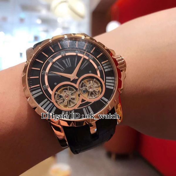 

new 45mm rose gold case excalibur rddbex0280 automatic mens watch double tourbillon black big dial leather strap gents sport watches, Slivery;brown