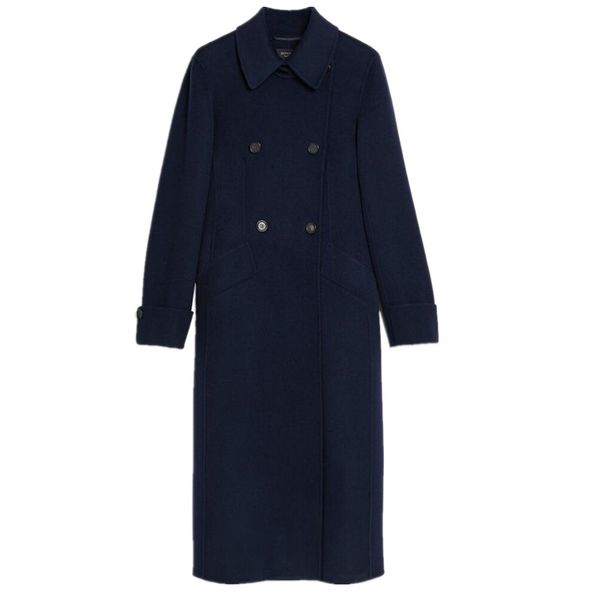 

2019 winter fashion dark blue double breasted woolen coat women square collar loose long wool blends coat, Black