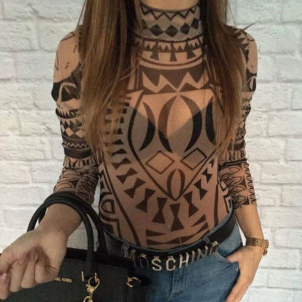 

high neck romper women casual tattoo print stretch bodysuit bodycon slim fit mesh sheer long sleeve leotard overalls, Black;white