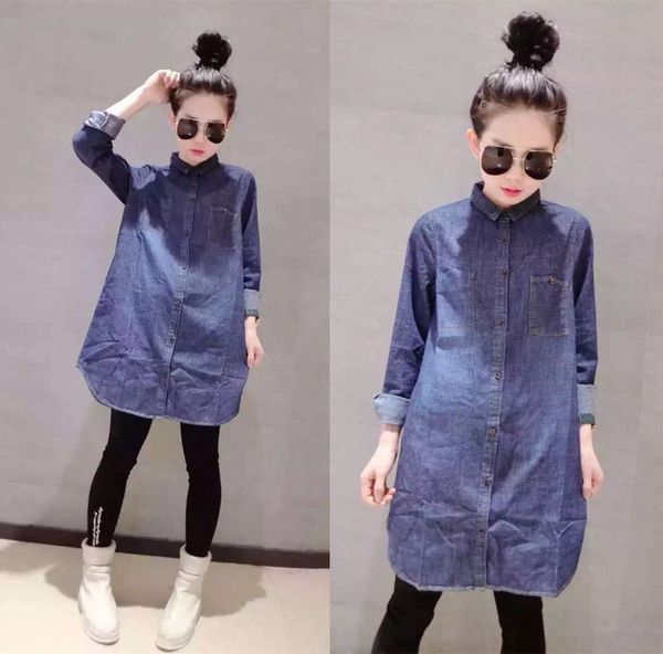 

new denim fashion solid shirt women's long-sleeved mid-length korean loose large size shirt tide sry xsq, White