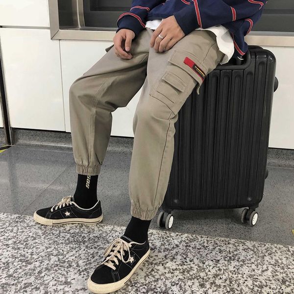 

2019 spring safari style overalls many pocket joggers cargo pants casual men leisure streetwear pants cotton sweatpants m-2xl, Black