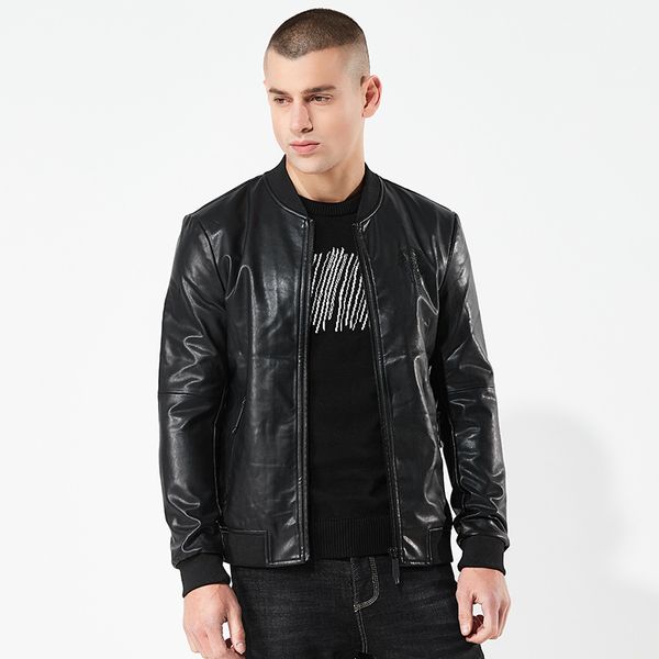 

2018 spring and autumn new style men's leather jacket coat men's slim fit europe and america short laser pattern pu leather yi i, Black