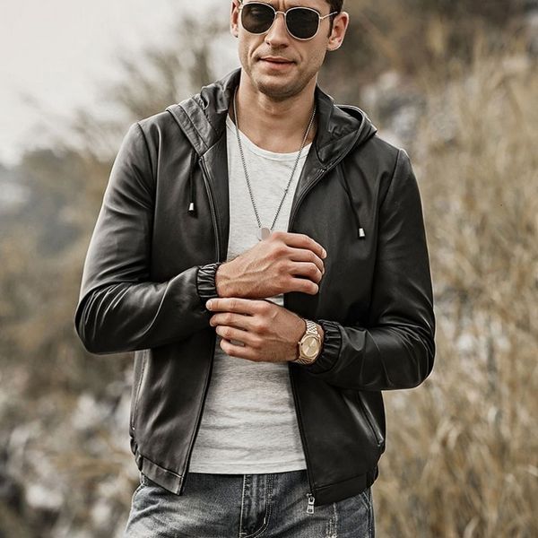 

large leather jacket leather men's sheepskin elastic coat shorts zipper zipper motorcycle black coat