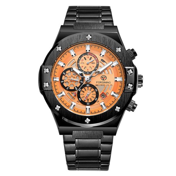 

forsining brand automatic mechanical men wristwatch military sport male clock luxury gold skeleton waterproof man watch 6914, Slivery;brown