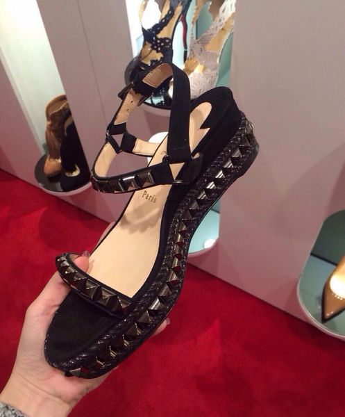 

designer cataclou wedges beach sandals platfrom women ankle strap studs wedges red bottom summer lady rivets gladiator sandals, Black