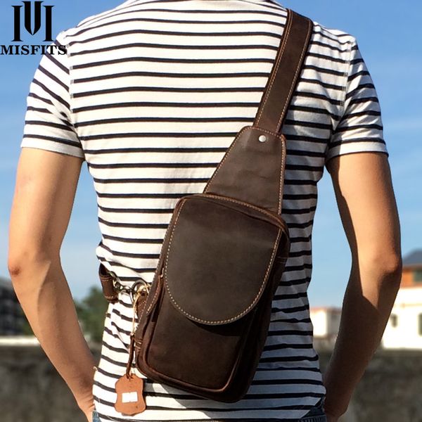 

misfits 2019 new genuine leather messenger bag men's casual chest packs crossbody bag cowhide shoulder for male