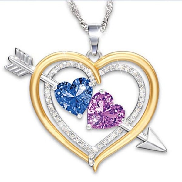 

heart to heart fashion romance birthstone two tone arrow pendant necklace lover gift jewelry, Slivery;golden