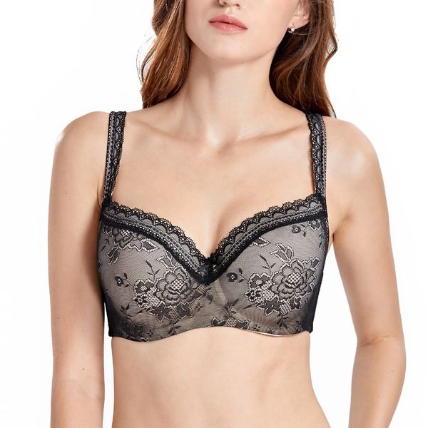 Womens Plus Size Lightly Padded Without Underwire Lace Balconette