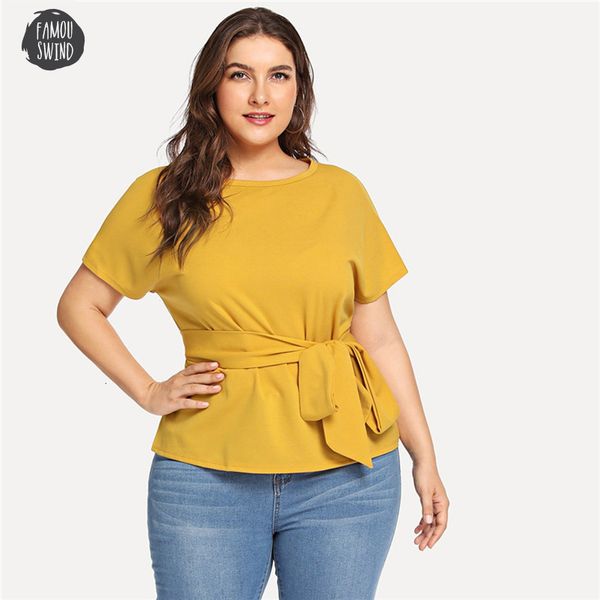 

ginger casual women blouses belted o neck short sleeve plus size summer elegant tie waist blouse solid with sashes, White