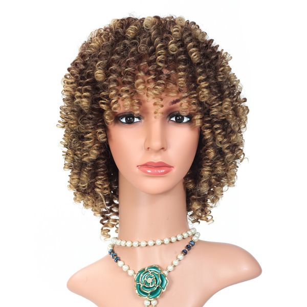 Perucas sintéticas encaracoladas afro para mulheres afro-americanos Medium Comprimento Preto Colo de Alta Temperatura Fibra Cabelo Cosplay