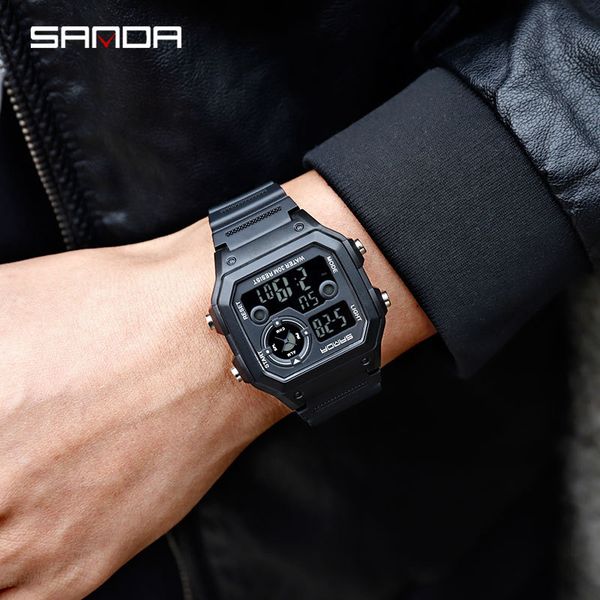 

sanda new fashion trend men's business table outdoor luminous sports waterproof personality square digital watch, Slivery;brown