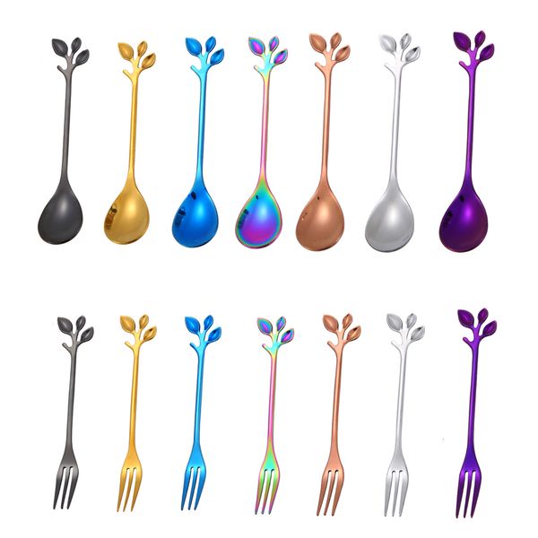 Aço inoxidável pequenos ramos Folha colher de café Upscale Louça Talheres Fruit Fork Mexa Colher Colher de Chá Jantar Utensílios