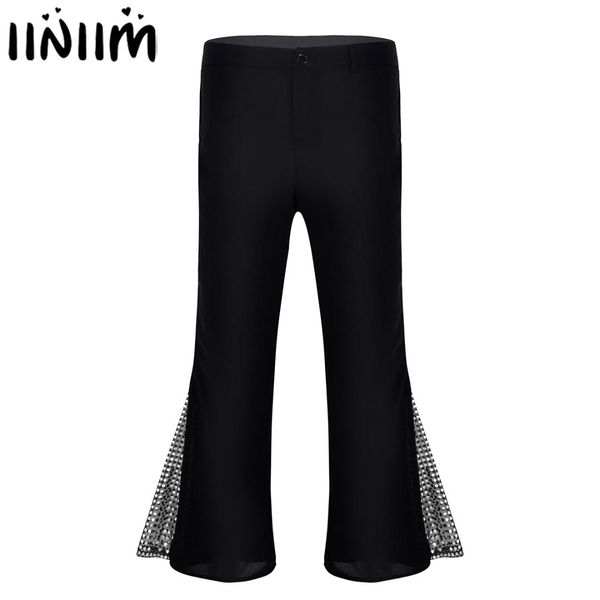 

iefiel mens retro 70s disco pants mid waist bell bottom flared side with sequins gymnastics dance long trousers, Black