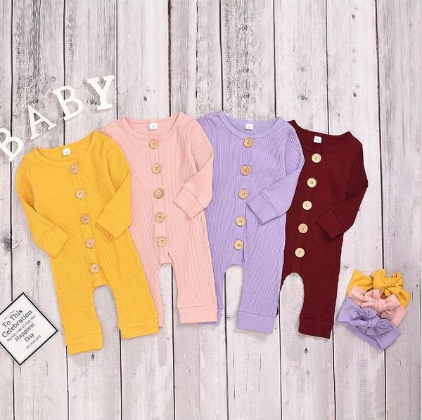 

baby girls clothes infant solid buttons rompers headband newborn long sleeve jumpsuits cotton bodysuits pants onesies climb clothes d6483, Blue