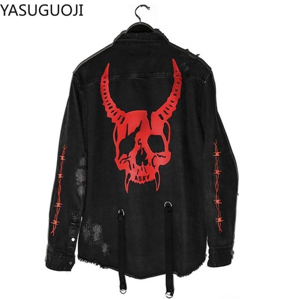 

yasuguoji gothic demon skull black denim jacket men rock punk heavy metal sweatshirt sudadera hole streetwear jean jacket, Black;brown