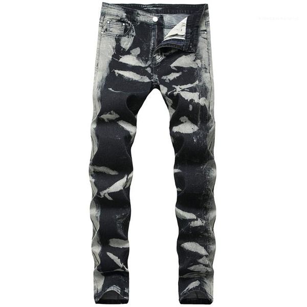 

mens jeans fashion stretch long pencil designer pants mid waist print mens trousers gray spots regular, Blue