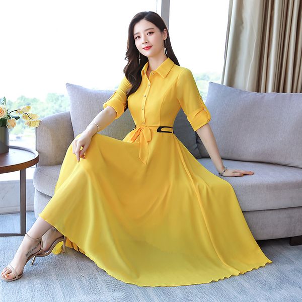 

2020autumn new arrival plus size -3xl elegant solid color turn-down collar woman chiffon long dress, Black;gray