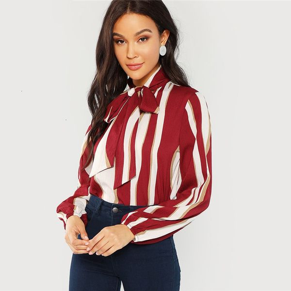 

women blouse women multicolor tie neck striped workwear v neck blouses women autumn office ladies polyester elegant clothing, White