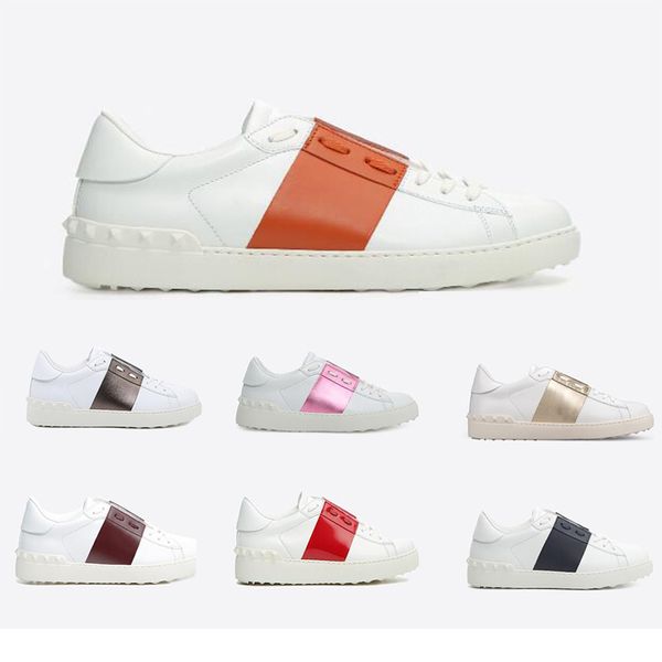 

2019 new valen garavani white fa hion brand de igner rivet flat hoe men women leather ca ual open low neaker with box ize 36 45