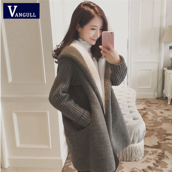 

vangull elegant women hooded fur jacket 2019 winter warm faux lamb cashmere coats autumn long sleeve solid fur jackets outwear, Black