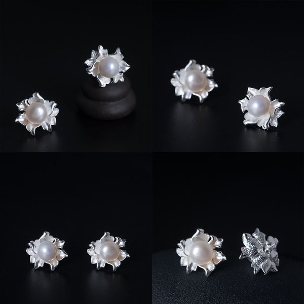 

925 silver set natural pearl flower ear nail literature small fresh petal sweet earring crystal 925 sterling silver pin kids earrings, Golden