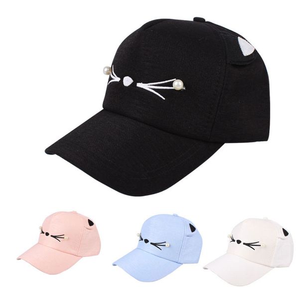 

cartoon cat ears women baseball caps embroidery kitty pearl cute sun caps adjustable snapback black pink blue white, Blue;gray