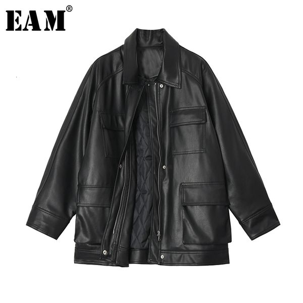 

eam] loose fit black bandage big size pu leather jacket new lapel long sleeve women coat fashion tide autumn winter 2019 1m458, Black;brown