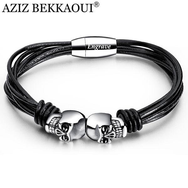 

aziz bekkaoui vintage black double skull bracelets for men engrave name stainless steel personalized name bangle male jewelry, Golden;silver