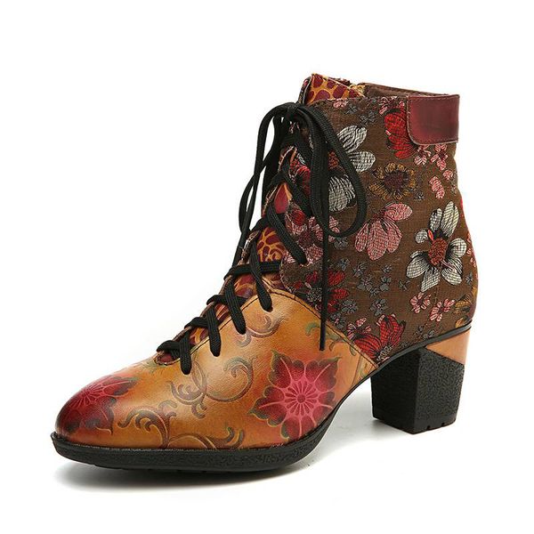 

retro boots sun flower genuine leather splicing zipper lace up comfy high heel boots shoes women botines, Black