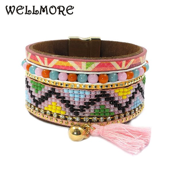 

wellmore beaded bracelets ,leather ,tassel details magnetic wrap bracelets have 3 size bohemian bracelets&bangles for women, Golden;silver