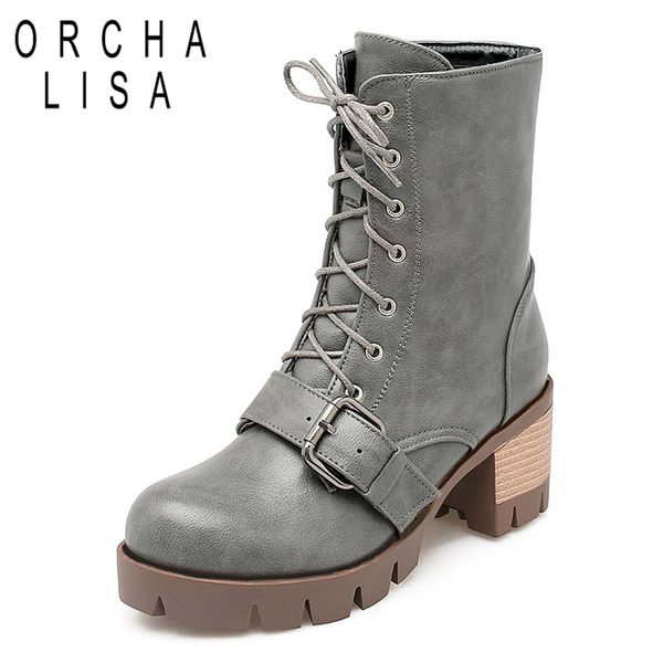 

orcha lisa big size 33-43 patent leather mid-calf boots for women platform warm riding boots lace-up female feminina c645, Black