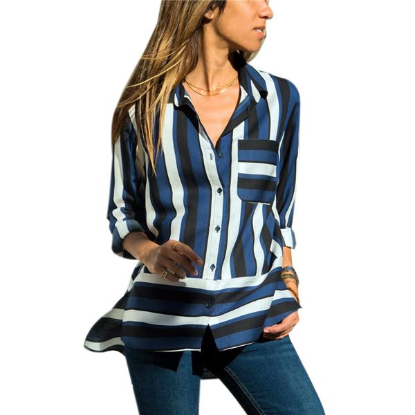 

autumn women blouse casual cuffed long sleeve v-neck button pocket up striped geometric shirt novelty ladies blouses and bl, White