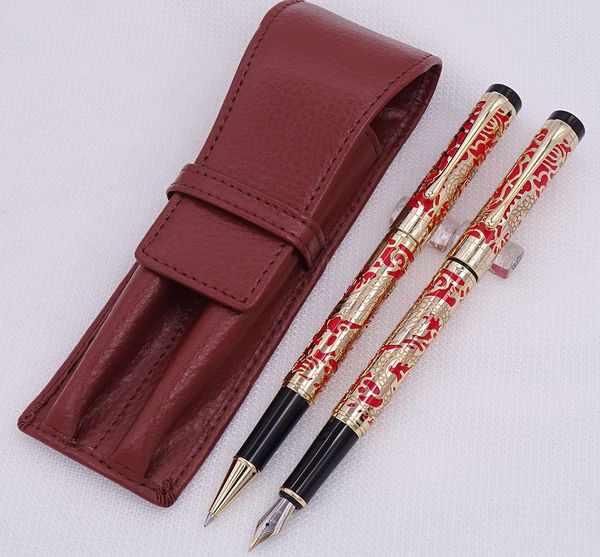 

jinhao 5000 red golden fountain pen & roller pen with real leather pencil case bag washed cowhide case holder writing set