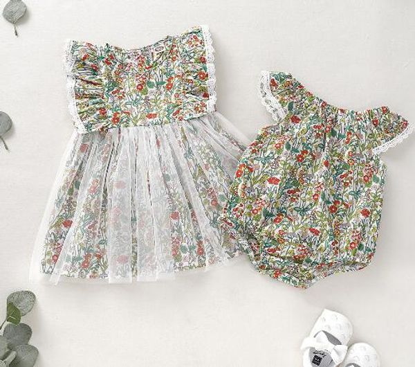 

baby kids Designer Sister Clothing Dress romper Full Flower Print O-neck Family Sister Girl Summer Dress Romper