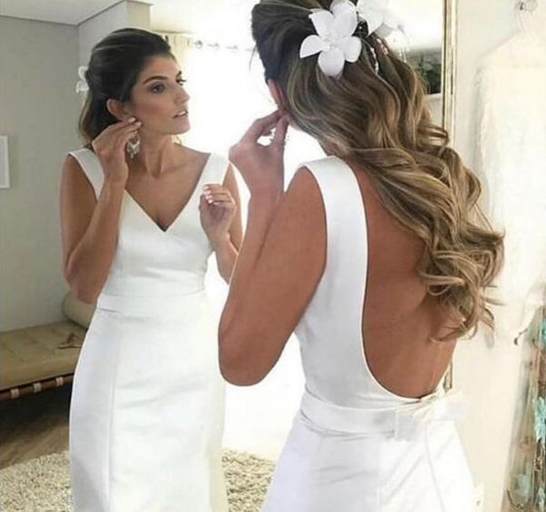 Beyaz Saten Basit Denizkızı Gelinlik 2024 Sırtsız Plaj Gelin El Gowns Vestido de Noiva Robe de Mariee