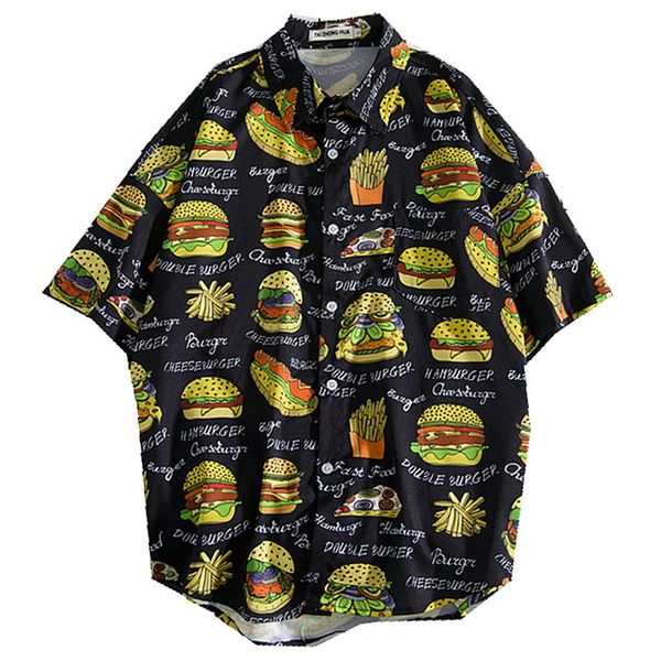 

men black casual hamburger print shirts beach fit clothes hawaii teens fashion camisa short sleeve korean top, White;black