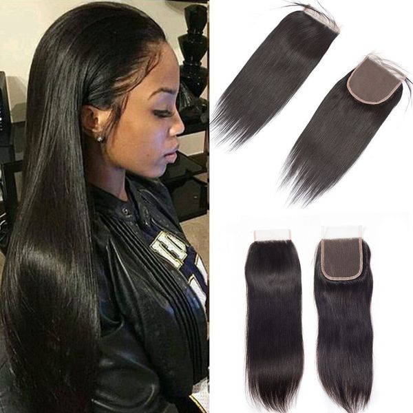 

brazilian virgin human hair closure 4*4 peruvian hair silky straight remy quality bleached knots part swiss lace closure natural color